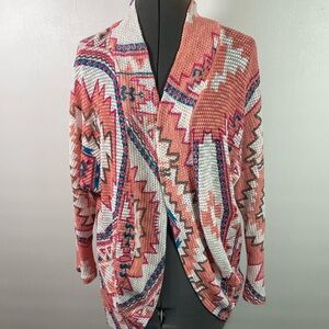 Love & Let Love Cardigan Women Size XL Peach & Coral Aztec Print Lightweight